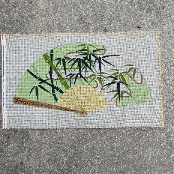 Hand Painted Vintage Needlepoint Canvas Asian Fan with Bamboo - Picture 5 of 5
